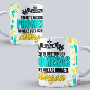 Mockup de taza sublimada con la frase 'Si Dios ya trazó tu destino con PROMESAS no dejes que las dudas te detengan' con fondo abstracto amarillo y azul.