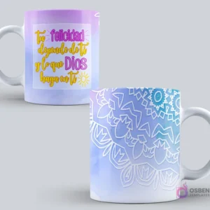 Mockup de taza sublimada con la frase 'Tu felicidad depende de ti y lo que DIOS haga en ti' con un fondo degradado de colores pastel y un mandala en la parte trasera.
