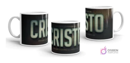 Taza con diseño cristiano 'CRISTO Continúa Confiando en Sus Promesas' en tipografía 3D clara sobre fondo oscuro texturizado, vista frontal. Taza con diseño cristiano 'CRISTO Continúa Confiando en Sus Promesas' en tipografía 3D clara sobre fondo oscuro texturizado, vista frontal.