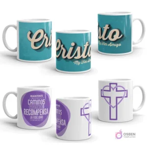 Taza sublimada con diseño cristiano 'Cristo My Fiel Amigo' en tono azul retro y efecto 3D, mostrando tres ángulos.
