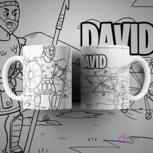 Dos tazas blancas sublimadas con diseño para colorear de David y Goliat, mostrando al guerrero con armadura y David con su honda. Texto 'DAVID' destacado.