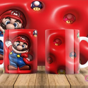 Plantilla de taza con diseño 3D inflado de Mario Bros y un fondo rojo con múltiples hongos del juego.