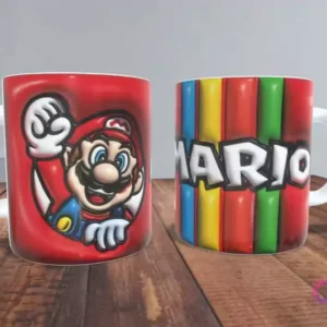 Plantilla de taza con diseño 3D inflado de Mario Bros y el texto MARIO con barras de colores.