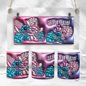 Plantilla de taza con diseño 3D inflado de Stitch y Angel de Lilo & Stitch, con un fondo degradado rosa-púrpura de hojas tropicales y texto STITCH.