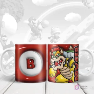 Taza sublimada con diseño 3D inflado del villano Bowser de Super Mario y su inicial 'B' en el reverso.