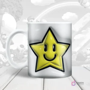 Taza sublimada con diseño 3D inflado de la estrella de poder (Super Star) de Super Mario con una cara sonriente.