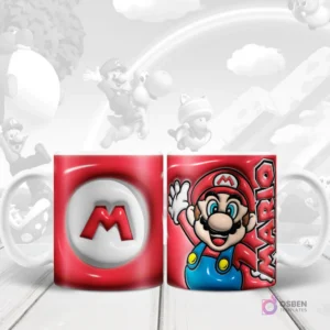 Taza sublimada con diseño 3D inflado del personaje Super Mario de Nintendo y su inicial 'M' en el reverso.