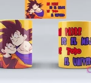 Taza sublimada Día del Padre con diseño Dragon Ball Z de Goku y Gohan, y la frase 'Mi padre es el mejor del universo'.