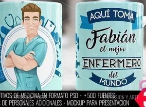 Taza de sublimación con diseño de enfermero hombre, nombre Fabián y frase 'Aquí toma el mejor Enfermero del Mundo'.