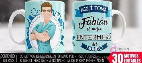 Taza de sublimación con diseño de enfermero hombre, nombre Fabián y frase 'Aquí toma el mejor Enfermero del Mundo'. Taza de sublimación con diseño de enfermero hombre, nombre Fabián y frase 'Aquí toma el mejor Enfermero del Mundo'.