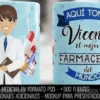 Taza personalizada de farmacéutico hombre con nombre Vicente y frase 'Aquí toma el mejor Farmacéutico del Mundo'.