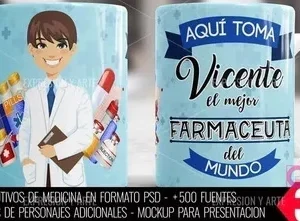 Taza personalizada de farmacéutico hombre con nombre Vicente y frase 'Aquí toma el mejor Farmacéutico del Mundo'.