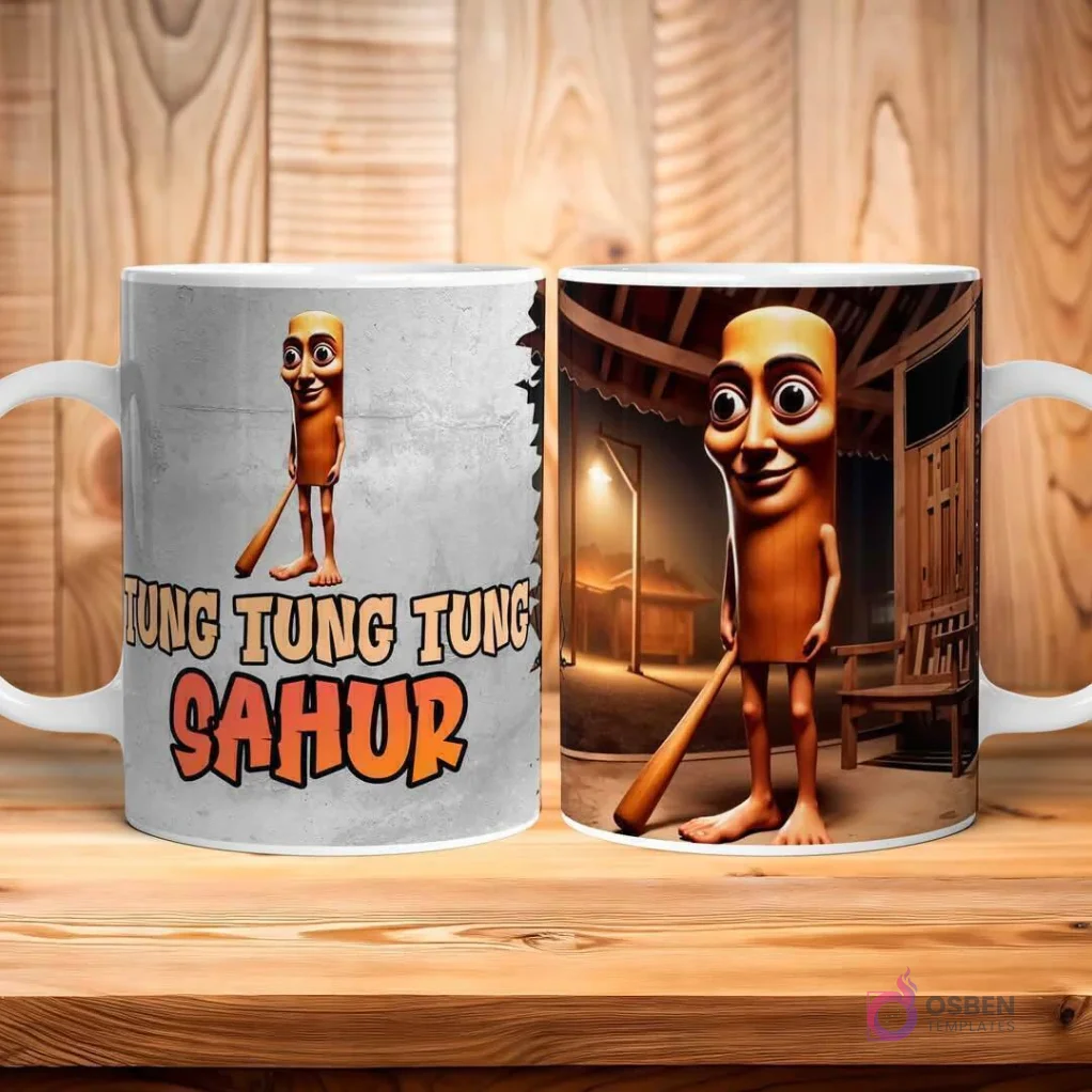 Taza blanca con diseño 'Tung Tung Tung Sahur', una figura humanoide de madera con un bate, fondos de textura grunge y callejón nocturno. Taza blanca con diseño 'Tung Tung Tung Sahur', una figura humanoide de madera con un bate, fondos de textura grunge y callejón nocturno.