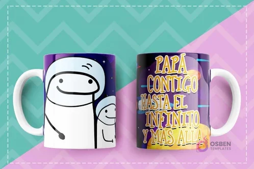 Taza sublimada con Flork y un Flork pequeño en un entorno espacial y la frase 'Papá contigo hasta el infinito y más allá' en tonos púrpura y azul. Taza sublimada con Flork y un Flork pequeño en un entorno espacial y la frase 'Papá contigo hasta el infinito y más allá' en tonos púrpura y azul.