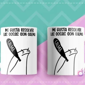 Dos tazas blancas con diseño Flork del meme 'Me gusta resolver las cosas con CALMA' con Flork sosteniendo un bate.