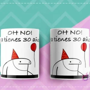 Dos tazas Flork con diseño de cumpleaños 'OH NO! ya tienes 30 años!' con Flork usando gorro de fiesta y globo.