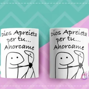 Dos tazas Flork con diseño de humor negro 'Dios Aprieta per tu... Ahorcame' mostrando a Flork siendo ahorcado.