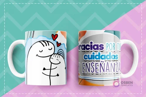 Taza sublimada con Flork abrazando a un Flork más pequeño y la frase 'Gracias por tus cuidados y enseñanza' en tonos azules y grises. Taza sublimada con Flork abrazando a un Flork más pequeño y la frase 'Gracias por tus cuidados y enseñanza' en tonos azules y grises.