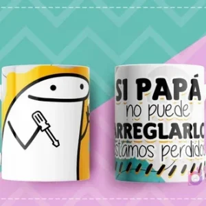 Taza sublimada con Flork sosteniendo una llave inglesa y la frase 'Si papá no puede arreglarlo estamos perdidos' sobre un fondo amarillo y blanco con detalles de cinta de precaución.