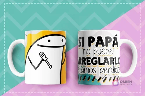 Taza sublimada con Flork sosteniendo una llave inglesa y la frase 'Si papá no puede arreglarlo estamos perdidos' sobre un fondo amarillo y blanco con detalles de cinta de precaución. Taza sublimada con Flork sosteniendo una llave inglesa y la frase 'Si papá no puede arreglarlo estamos perdidos' sobre un fondo amarillo y blanco con detalles de cinta de precaución.