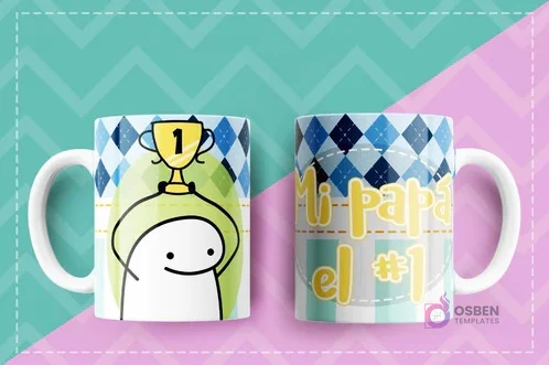 Taza sublimada con Flork sosteniendo un trofeo de campeón con el número 1 y la frase 'Mi papá el #1' sobre un fondo de rombos azul y verde. Taza sublimada con Flork sosteniendo un trofeo de campeón con el número 1 y la frase 'Mi papá el #1' sobre un fondo de rombos azul y verde.