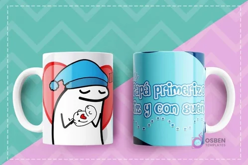 Taza sublimada con Flork usando un gorro de dormir y abrazando un corazón con un bebé, con la frase 'Papá primerizo feliz y con sueño' sobre un fondo azul claro. Taza sublimada con Flork usando un gorro de dormir y abrazando un corazón con un bebé, con la frase 'Papá primerizo feliz y con sueño' sobre un fondo azul claro.