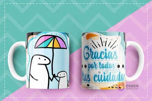 Taza sublimada con Flork sosteniendo un paraguas y protegiendo a un Flork pequeño, con la frase 'Gracias por todos tus cuidados' sobre un fondo azul con formas orgánicas. Taza sublimada con Flork sosteniendo un paraguas y protegiendo a un Flork pequeño, con la frase 'Gracias por todos tus cuidados' sobre un fondo azul con formas orgánicas.