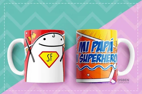 Taza sublimada con Flork vestido de superhéroe y la frase 'Mi papá mi superhéroe' sobre fondo de cómic rojo y amarillo. Taza sublimada con Flork vestido de superhéroe y la frase 'Mi papá mi superhéroe' sobre fondo de cómic rojo y amarillo.