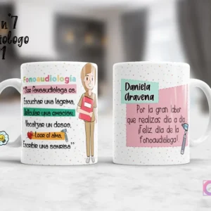 Taza sublimada con diseño para fonoaudióloga femenina, muestra personaje, frase motivacional y opción de personalización para nombre.