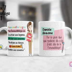 Maqueta de taza sublimada con diseño de fonoaudióloga, incluye ilustración, cita profesional y detalles para personalizar con nombres.