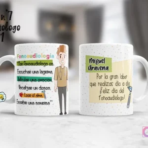 Visualización de taza sublimada para fonoaudiólogo masculino, con diseño de personaje y mensaje de reconocimiento laboral.