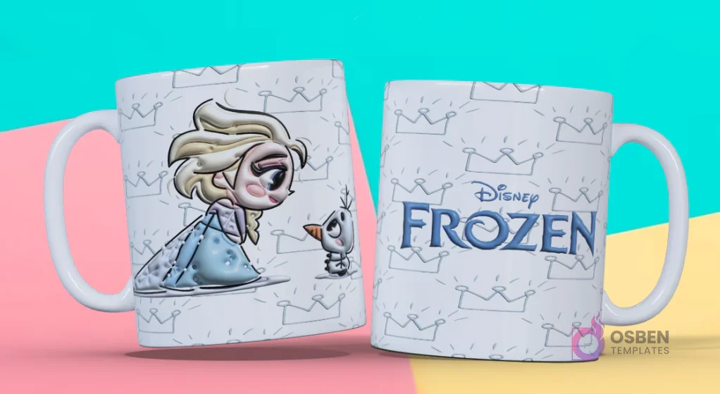 Taza 3D con diseño de la Princesa Elsa de Frozen y Olaf en estilo chibi, y logo "Disney Frozen" con coronas de fondo Taza 3D con diseño de la Princesa Elsa de Frozen y Olaf en estilo chibi, y logo "Disney Frozen" con coronas de fondo