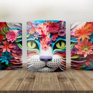 Tres vistas de una taza sublimada con diseño de gato 3D estilo paper-cut, adornado con flores rosas, azules y amarillas. Fondo de naturaleza.
