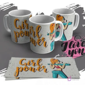 Taza con ilustración de mujer atlética y la frase 'Girl Power' en diseño grunge, perfecta para sublimar