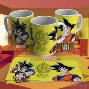 Diseño para taza de sublimación de Goku de Dragon Ball Z, con sus formas Ultra Instinto y Super Saiyajin en un fondo amarillo.