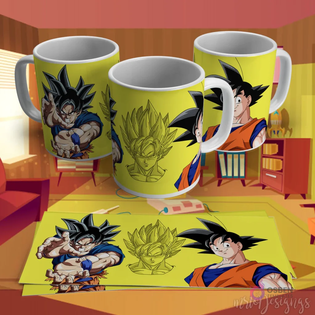 Diseño para taza de sublimación de Goku de Dragon Ball Z, con sus formas Ultra Instinto y Super Saiyajin en un fondo amarillo. Diseño para taza de sublimación de Goku de Dragon Ball Z, con sus formas Ultra Instinto y Super Saiyajin en un fondo amarillo.