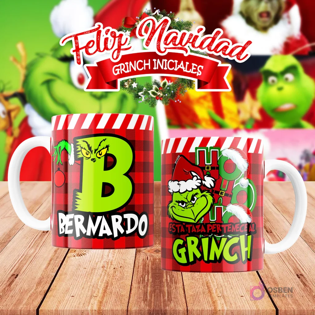Taza de sublimación del Grinch temática de Navidad con la inicial 'B' y el nombre de ejemplo 'BERNARDO', sobre fondo a cuadros rojo y blanco, junto a otra taza del Grinch con diseño navideño 'Esta Taza Pertenece al Grinch'. El fondo general muestra personajes del Grinch en Navidad. Taza de sublimación del Grinch temática de Navidad con la inicial 'B' y el nombre de ejemplo 'BERNARDO', sobre fondo a cuadros rojo y blanco, junto a otra taza del Grinch con diseño navideño 'Esta Taza Pertenece al Grinch'. El fondo general muestra personajes del Grinch en Navidad.