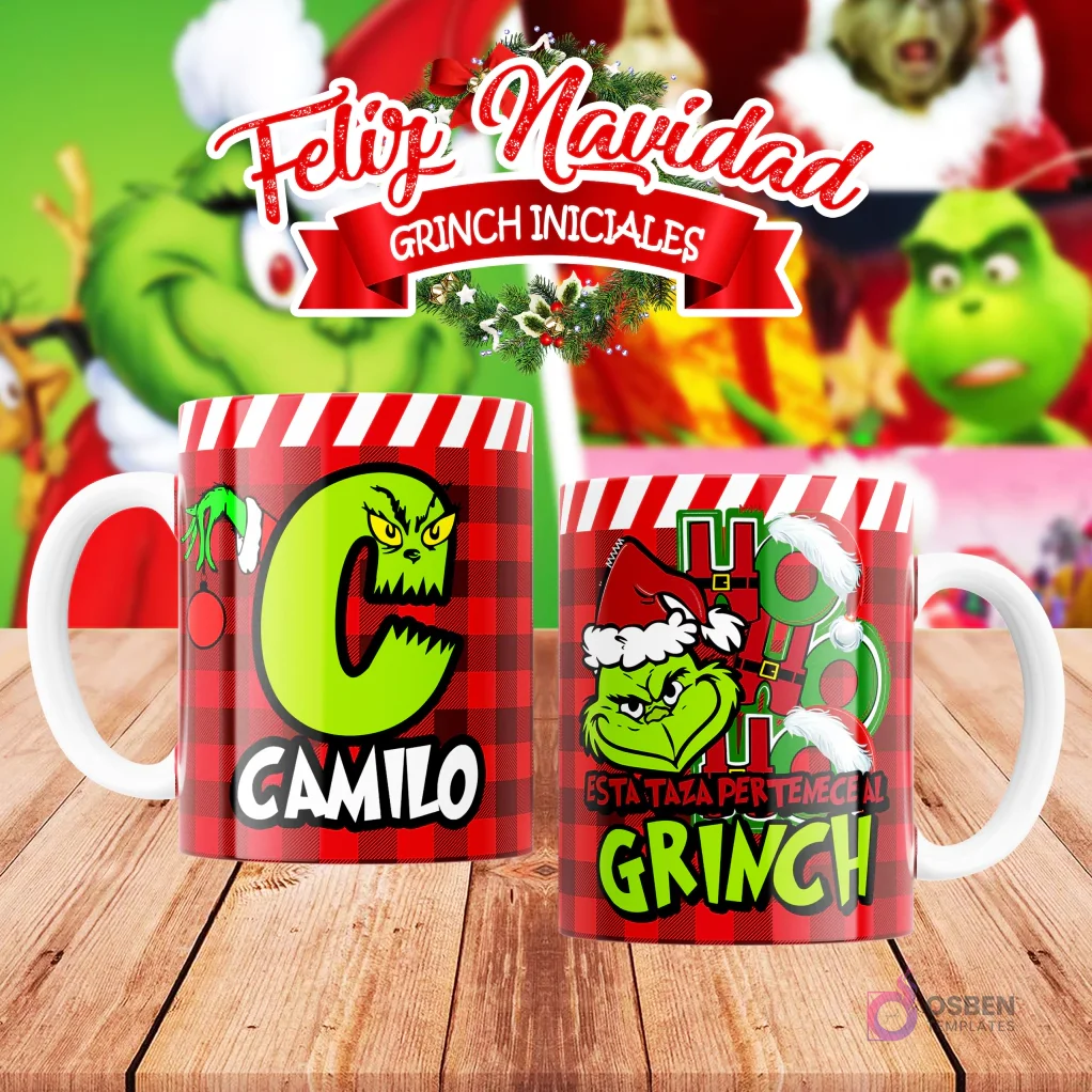 Taza de sublimación del Grinch temática de Navidad con la inicial 'C' y el nombre de ejemplo 'CAMILO', sobre fondo a cuadros rojo y blanco, junto a otra taza del Grinch con diseño navideño 'Esta Taza Pertenece al Grinch'. El fondo general muestra personajes del Grinch en Navidad. Taza de sublimación del Grinch temática de Navidad con la inicial 'C' y el nombre de ejemplo 'CAMILO', sobre fondo a cuadros rojo y blanco, junto a otra taza del Grinch con diseño navideño 'Esta Taza Pertenece al Grinch'. El fondo general muestra personajes del Grinch en Navidad.