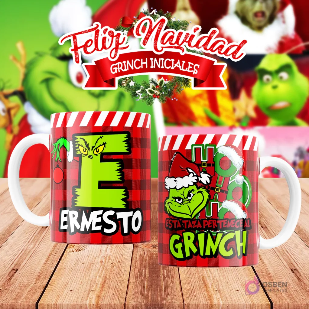 Taza de sublimación del Grinch temática de Navidad con la inicial 'E' y el nombre de ejemplo 'ERNESTO', sobre fondo a cuadros rojo y blanco, junto a otra taza del Grinch con diseño navideño 'Esta Taza Pertenece al Grinch'. El fondo general muestra personajes del Grinch en Navidad. Taza de sublimación del Grinch temática de Navidad con la inicial 'E' y el nombre de ejemplo 'ERNESTO', sobre fondo a cuadros rojo y blanco, junto a otra taza del Grinch con diseño navideño 'Esta Taza Pertenece al Grinch'. El fondo general muestra personajes del Grinch en Navidad.