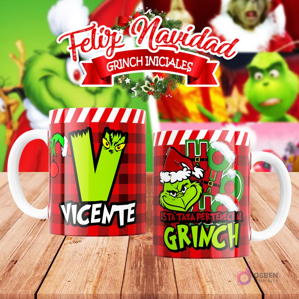 Taza de sublimación del Grinch temática de Navidad con la inicial 'V' y el nombre de ejemplo 'VICENTE', sobre fondo a cuadros rojo y blanco, junto a otra taza del Grinch con diseño navideño 'Esta Taza Pertenece al Grinch'. El fondo general muestra personajes del Grinch en Navidad. Taza de sublimación del Grinch temática de Navidad con la inicial 'V' y el nombre de ejemplo 'VICENTE', sobre fondo a cuadros rojo y blanco, junto a otra taza del Grinch con diseño navideño 'Esta Taza Pertenece al Grinch'. El fondo general muestra personajes del Grinch en Navidad.