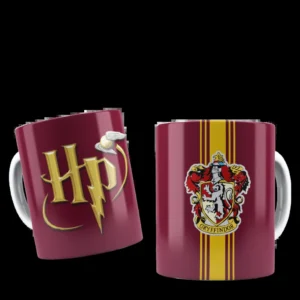 Taza de sublimación roja borgoña con logo dorado de HP y Snitch, y escudo de Gryffindor.