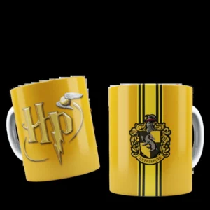 Taza de sublimación amarilla con logo dorado de HP y Snitch, y escudo de Hufflepuff.
