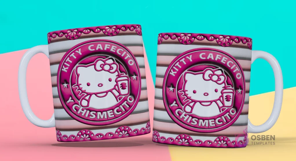 Taza 3D con diseño de Hello Kitty sosteniendo un vaso de café y texto "Kitty Cafecito y Chismecito" con rayas rosas Taza 3D con diseño de Hello Kitty sosteniendo un vaso de café y texto "Kitty Cafecito y Chismecito" con rayas rosas
