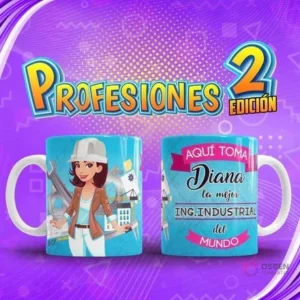Taza personalizada con diseño de Ingeniera Industrial 'Diana', con casco y herramientas, del pack Profesiones El Mejor Volumen 2