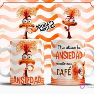 Plantilla sublimación taza Ansiedad Intensamente 2, personaje naranja inquieto con cabello de fuego y fondo de ondas naranjas, frase 'Me atacó la ANSIEDAD necesito más CAFÉ'.