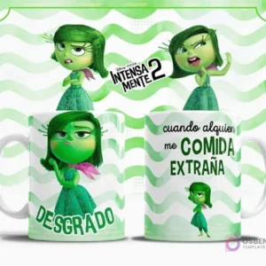 Plantilla sublimación taza Desagrado Intensamente 2, personaje verde con expresión de disgusto y cabello liso, fondo de ondas verdes, frase 'cuando alguien me COMIDA EXTRAÑA'.