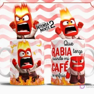 Plantilla sublimación taza Furia Intensamente 2, personaje rojo enojado con llamas en la cabeza y fondo de ondas rojas, frase 'Que RABIA tengo cuando mi CAFÉ se enfría'.