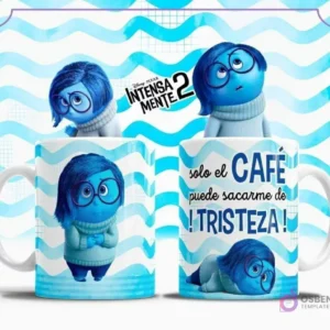 Plantilla sublimación taza Tristeza Intensamente 2, personaje azul melancólico con gafas y suéter, fondo de ondas azules, frase 'solo el CAFÉ puede sacarme de ¡TRISTEZA!'.