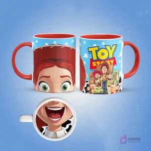 Taza de sublimación con diseño frontal del rostro de Jessie de Toy Story y vista lateral del grupo de personajes con logo Toy Story, fondo azul cielo.