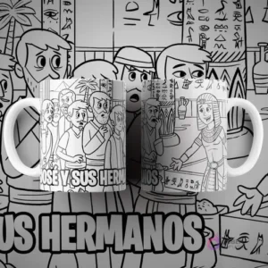 Dos tazas blancas con diseño para colorear de José y sus hermanos en Egipto, con figuras egipcias y jeroglíficos en el fondo. Texto 'JOSÉ Y SUS HERMANOS'.